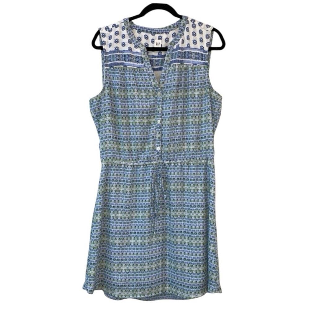 Gap Sleeveless Button Front Dress Large Blue Green Print Casual Elastic Waist
